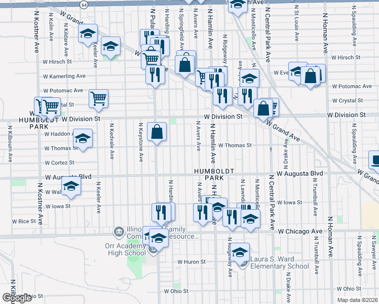 map of restaurants, bars, coffee shops, grocery stores, and more near 1100 North Avers Avenue in Chicago