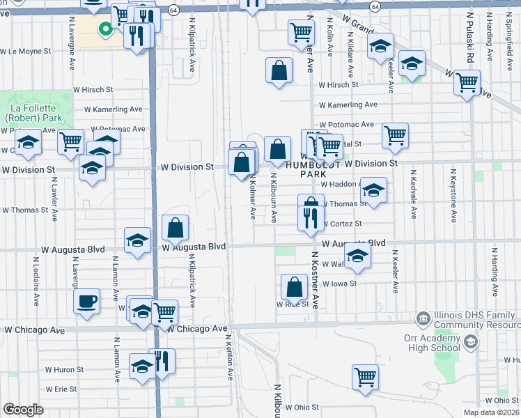 map of restaurants, bars, coffee shops, grocery stores, and more near 4516 West Thomas Street in Chicago