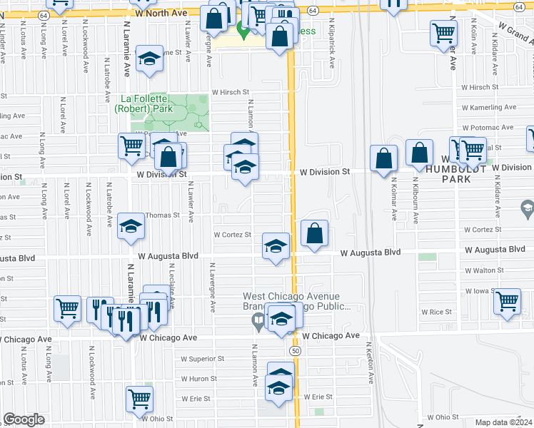 map of restaurants, bars, coffee shops, grocery stores, and more near 4827 West Haddon Avenue in Chicago