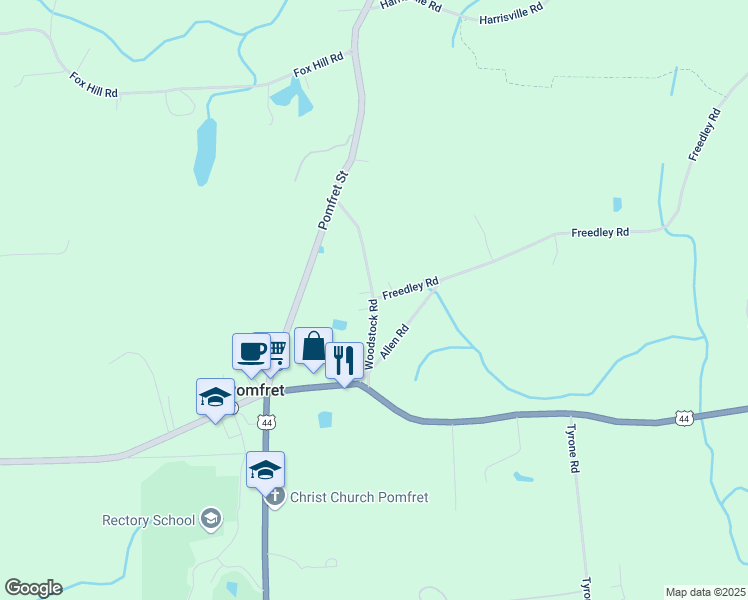 map of restaurants, bars, coffee shops, grocery stores, and more near Woodstock Road in Pomfret