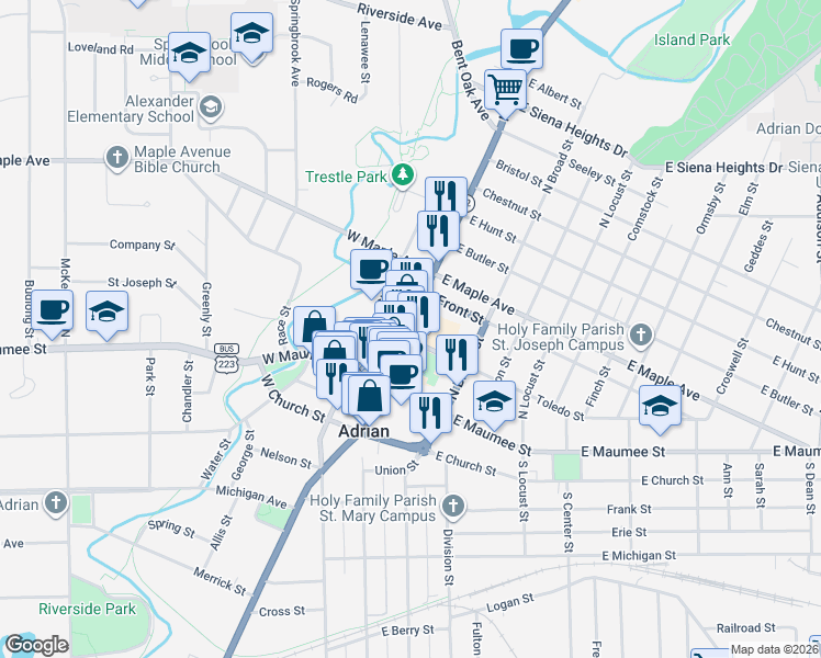 map of restaurants, bars, coffee shops, grocery stores, and more near 216 North Main Street in Adrian