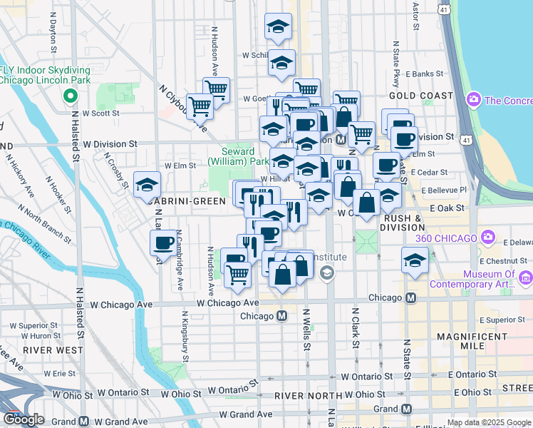 map of restaurants, bars, coffee shops, grocery stores, and more near West Oak Street in Chicago