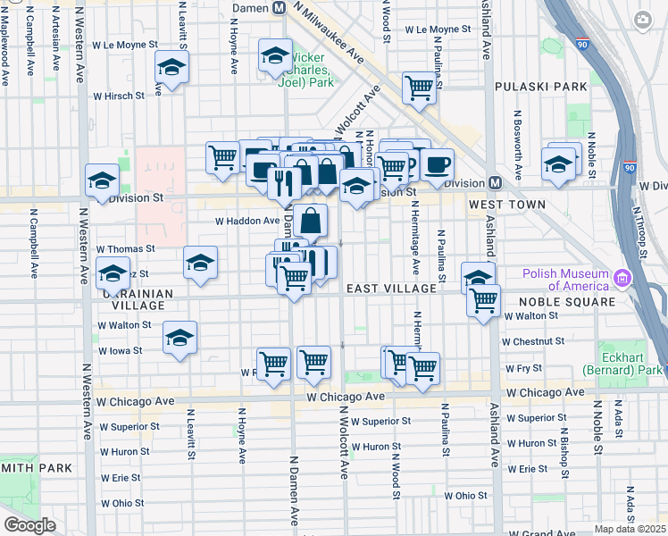 map of restaurants, bars, coffee shops, grocery stores, and more near 1048 North Wolcott Avenue in Chicago