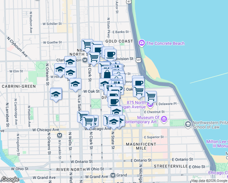 map of restaurants, bars, coffee shops, grocery stores, and more near 1 East Oak Street in Chicago