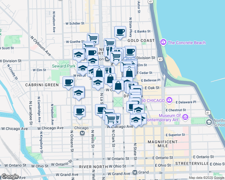 map of restaurants, bars, coffee shops, grocery stores, and more near N Clark St & W Oak St in Chicago