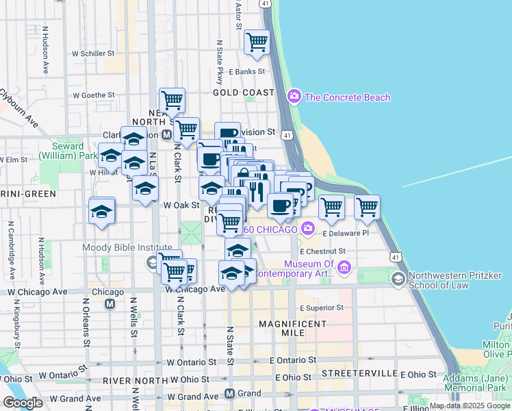 map of restaurants, bars, coffee shops, grocery stores, and more near 60 East Oak Street in Chicago