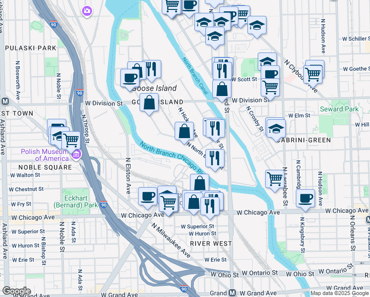 map of restaurants, bars, coffee shops, grocery stores, and more near 1053 North North Branch Street in Chicago