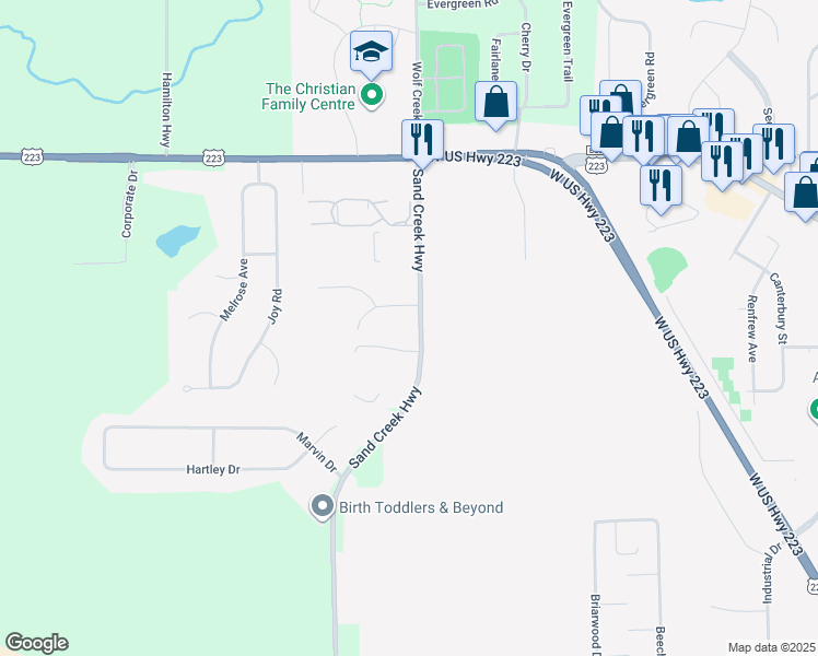 map of restaurants, bars, coffee shops, grocery stores, and more near 168 Sand Creek Highway in Adrian