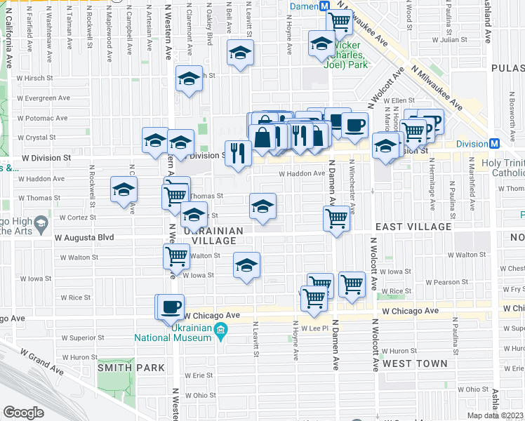 map of restaurants, bars, coffee shops, grocery stores, and more near 2146 West Cortez Street in Chicago