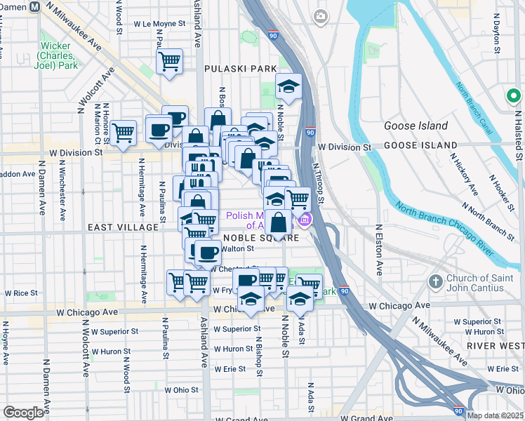 map of restaurants, bars, coffee shops, grocery stores, and more near 1431 West Cortez Street in Chicago
