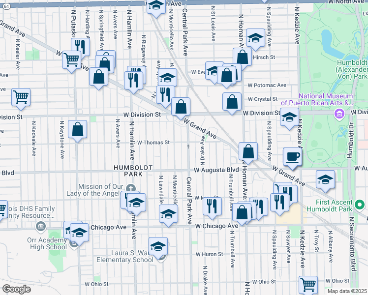 map of restaurants, bars, coffee shops, grocery stores, and more near 1100 North Central Park Avenue in Chicago
