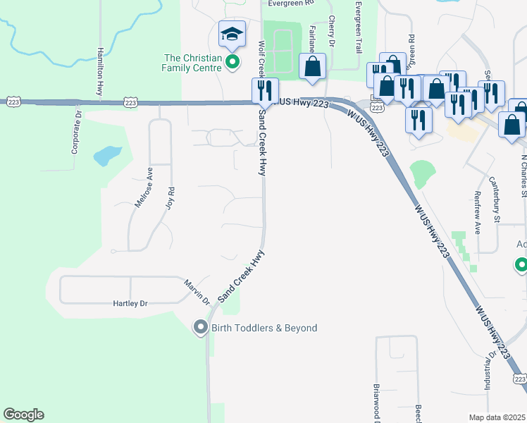 map of restaurants, bars, coffee shops, grocery stores, and more near 168 Sand Creek Highway in Adrian