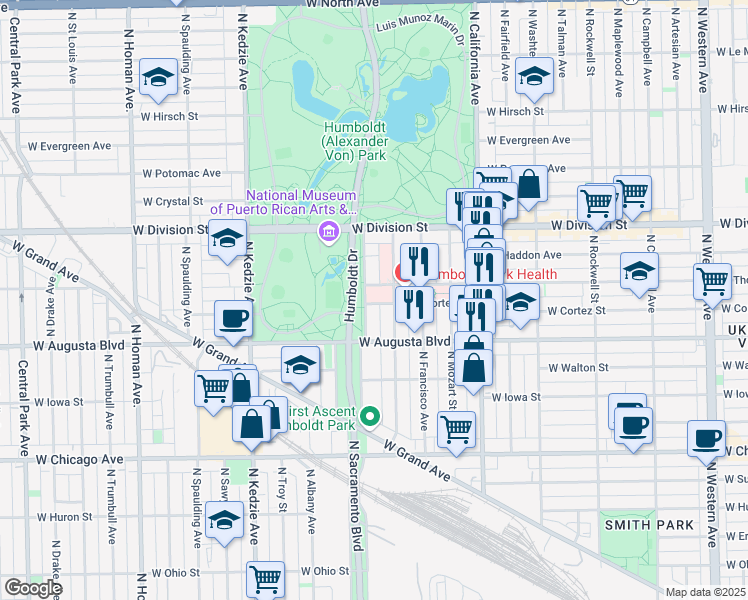map of restaurants, bars, coffee shops, grocery stores, and more near 1045 North Sacramento Avenue in Chicago