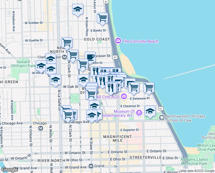 map of restaurants, bars, coffee shops, grocery stores, and more near 106 East Oak Street in Chicago