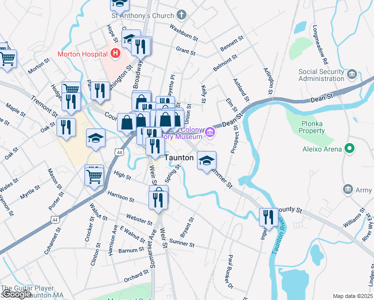 map of restaurants, bars, coffee shops, grocery stores, and more near 15 Summer Street in Taunton