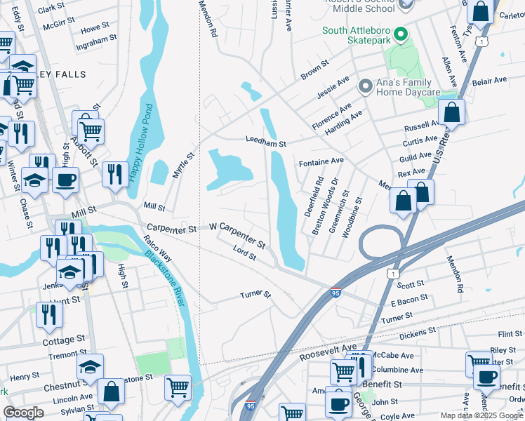 map of restaurants, bars, coffee shops, grocery stores, and more near 98 Pond Street in Attleboro