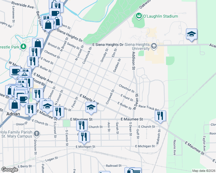 map of restaurants, bars, coffee shops, grocery stores, and more near 910 Chestnut Street in Adrian
