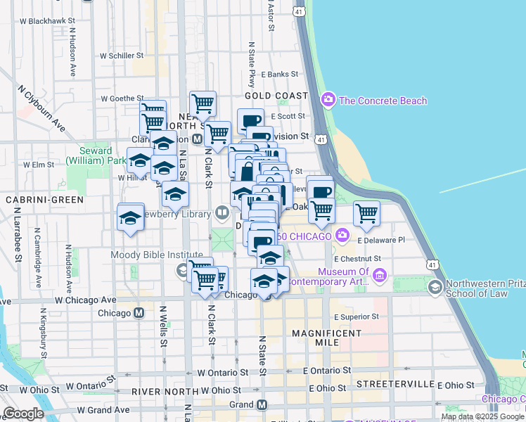 map of restaurants, bars, coffee shops, grocery stores, and more near 1022 North State Street in Chicago