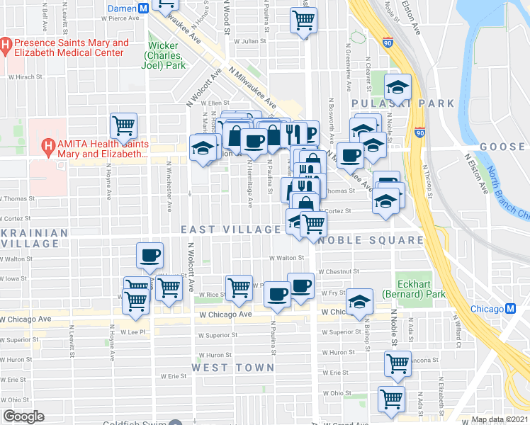 map of restaurants, bars, coffee shops, grocery stores, and more near 1716 West Cortez Street in Chicago
