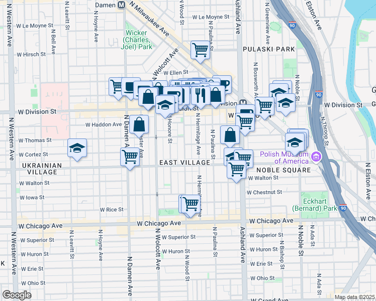 map of restaurants, bars, coffee shops, grocery stores, and more near 1049 North Wood Street in Chicago