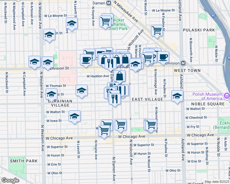 map of restaurants, bars, coffee shops, grocery stores, and more near in Chicago