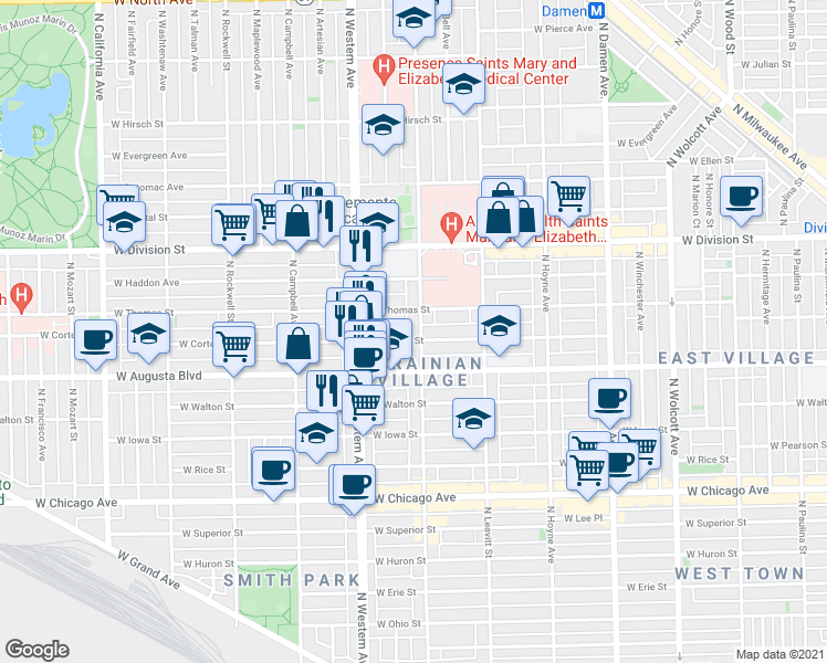 map of restaurants, bars, coffee shops, grocery stores, and more near 2323 West Thomas Street in Chicago