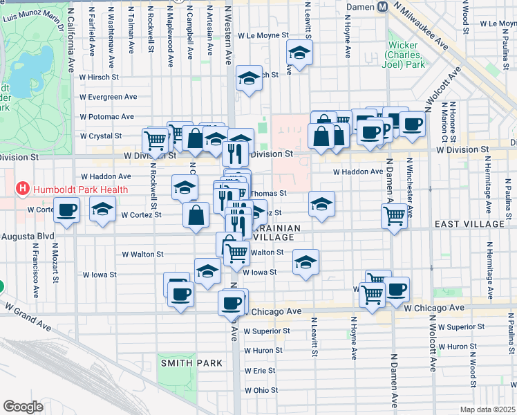 map of restaurants, bars, coffee shops, grocery stores, and more near 2323 West Thomas Street in Chicago