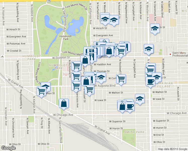 map of restaurants, bars, coffee shops, grocery stores, and more near 2741 West Thomas Street in Chicago