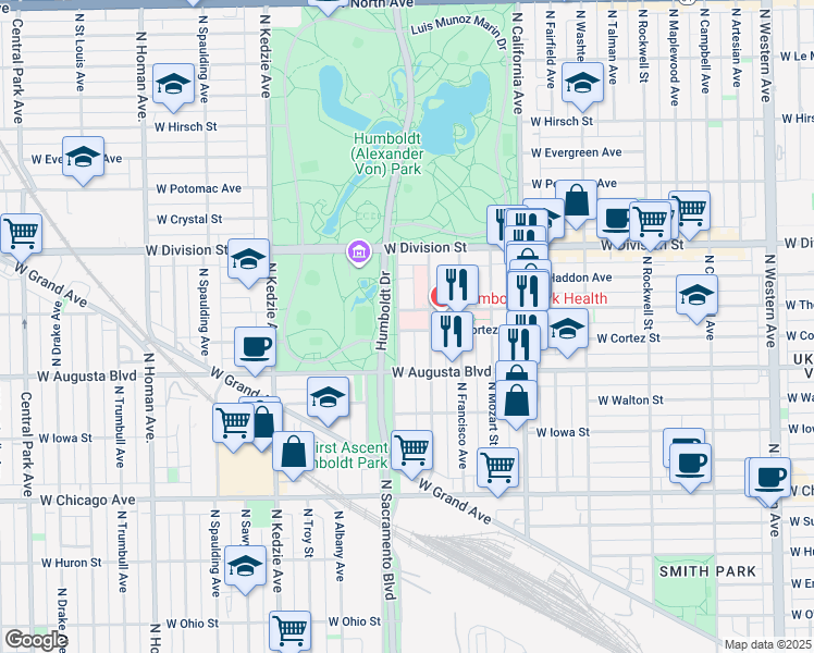 map of restaurants, bars, coffee shops, grocery stores, and more near 1045 North Sacramento Avenue in Chicago