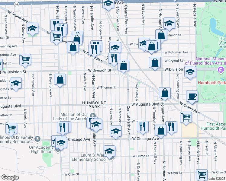 map of restaurants, bars, coffee shops, grocery stores, and more near 3656 West Thomas Street in Chicago