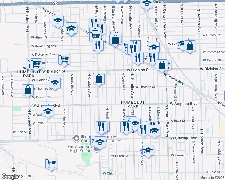 map of restaurants, bars, coffee shops, grocery stores, and more near 1101 North Harding Avenue in Chicago