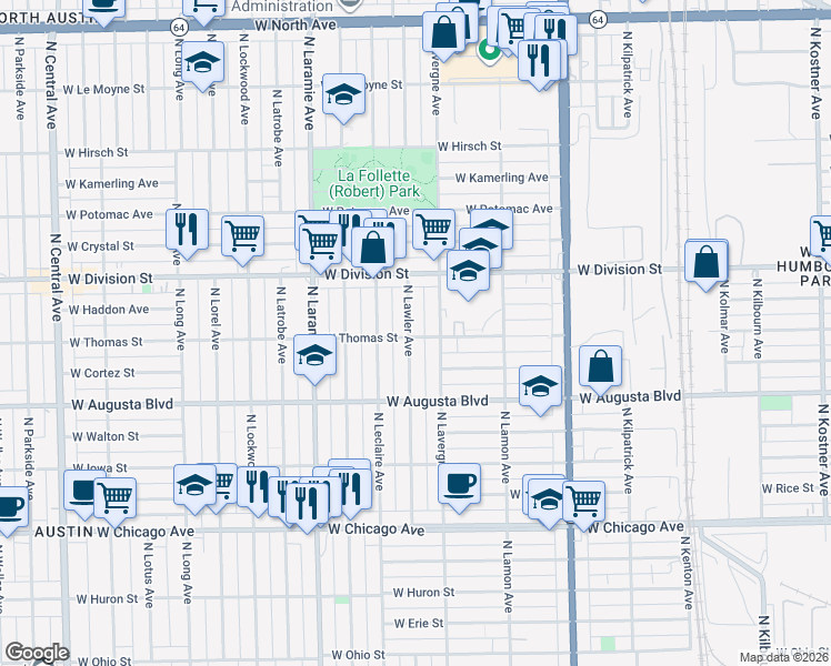 map of restaurants, bars, coffee shops, grocery stores, and more near 1117 North Lawler Avenue in Chicago