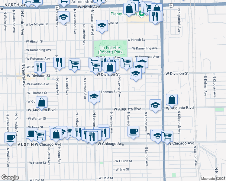 map of restaurants, bars, coffee shops, grocery stores, and more near 1117 North Leclaire Avenue in Chicago