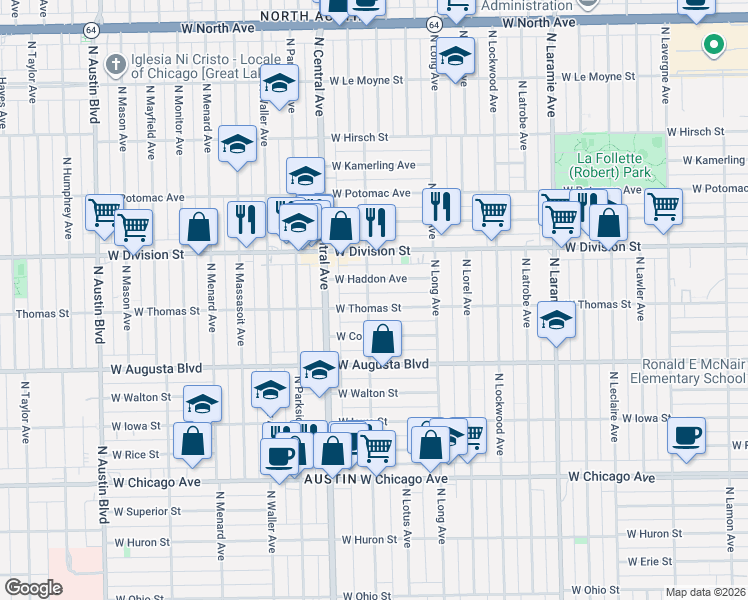 map of restaurants, bars, coffee shops, grocery stores, and more near 5469 West Haddon Avenue in Chicago