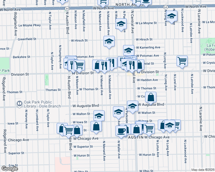 map of restaurants, bars, coffee shops, grocery stores, and more near 1120 North Massasoit Avenue in Chicago