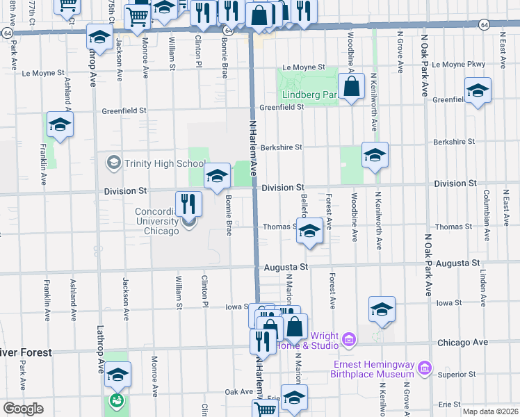 map of restaurants, bars, coffee shops, grocery stores, and more near 1136 Harlem Avenue in Oak Park