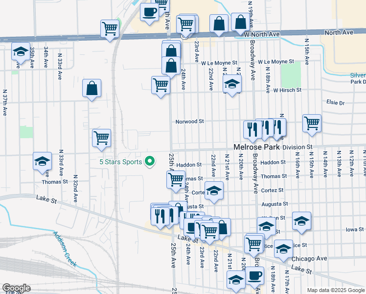 map of restaurants, bars, coffee shops, grocery stores, and more near 1515 North 24th Avenue in Melrose Park