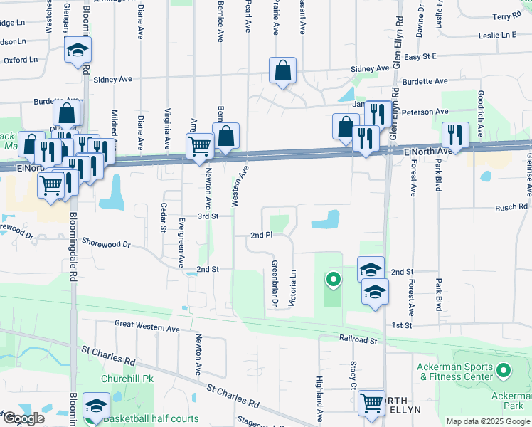 map of restaurants, bars, coffee shops, grocery stores, and more near 404 Coventry Circle in Glendale Heights