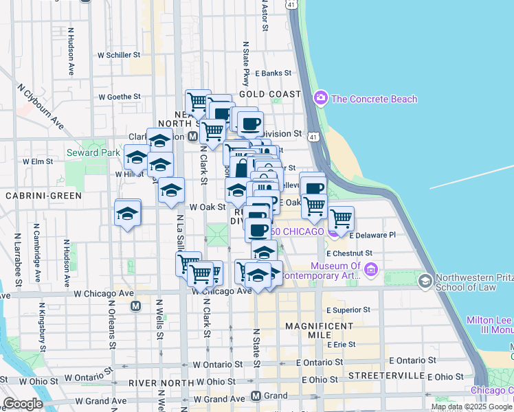 map of restaurants, bars, coffee shops, grocery stores, and more near 1022 North State Street in Chicago