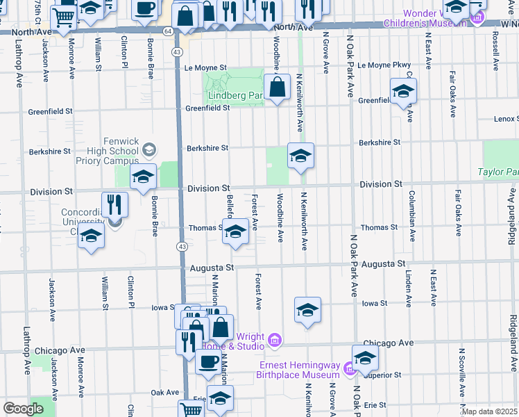 map of restaurants, bars, coffee shops, grocery stores, and more near 822 Forest Avenue in Oak Park