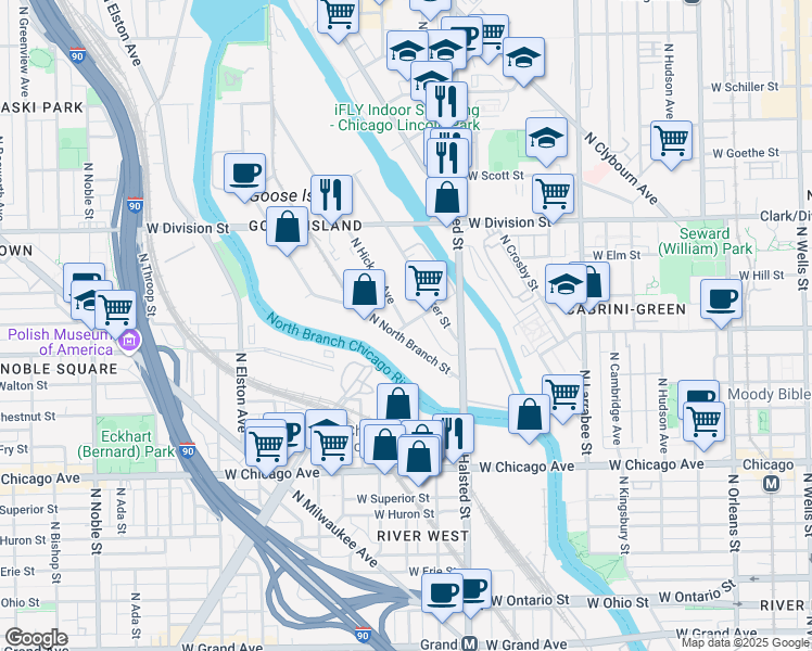 map of restaurants, bars, coffee shops, grocery stores, and more near 898 West Haines Street in Chicago