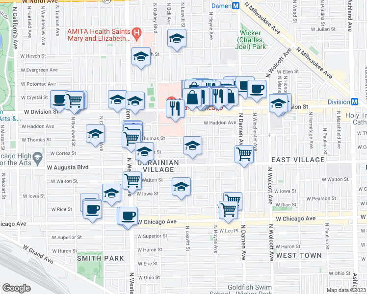 map of restaurants, bars, coffee shops, grocery stores, and more near 1040 North Leavitt Street in Chicago
