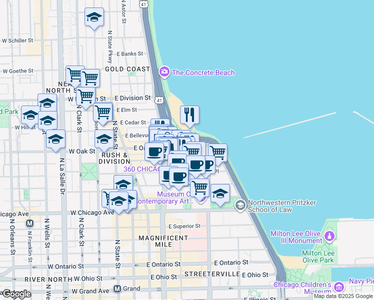 map of restaurants, bars, coffee shops, grocery stores, and more near 190 East Walton Place in Chicago