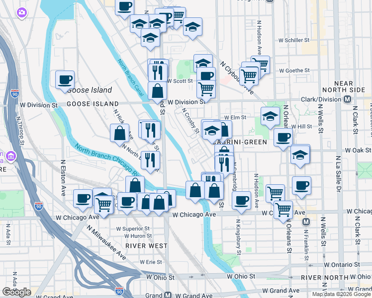 map of restaurants, bars, coffee shops, grocery stores, and more near 1040 North Kingsbury Street in Chicago