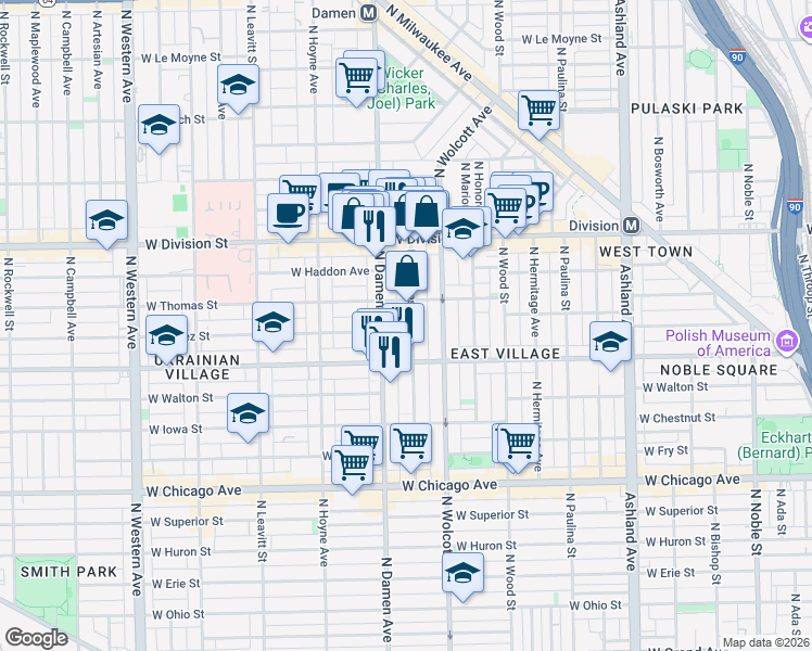 map of restaurants, bars, coffee shops, grocery stores, and more near 1036 North Winchester Avenue in Chicago