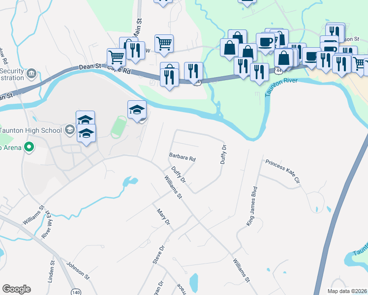 map of restaurants, bars, coffee shops, grocery stores, and more near 40 Phyllis Road in Taunton