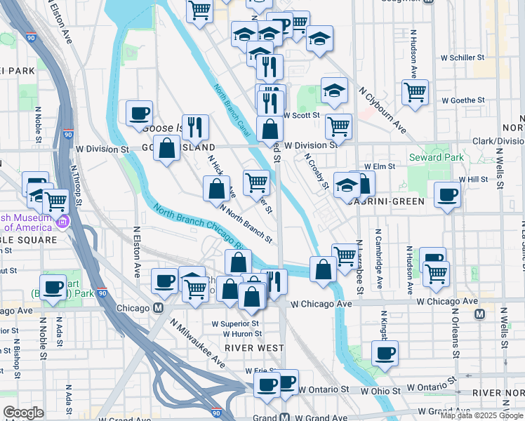 map of restaurants, bars, coffee shops, grocery stores, and more near 832-898 West Haines Street in Chicago