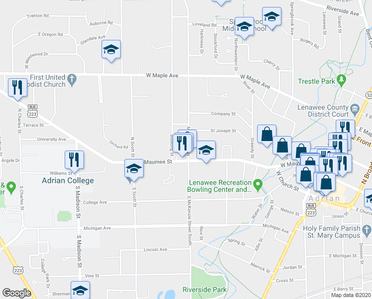 map of restaurants, bars, coffee shops, grocery stores, and more near 199 McKenzie Street North in Adrian