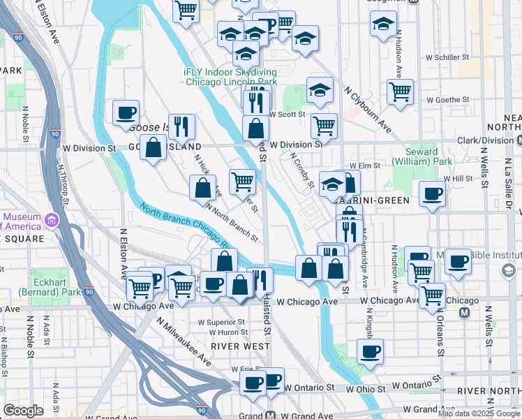 map of restaurants, bars, coffee shops, grocery stores, and more near 1040 North Halsted Street in Chicago