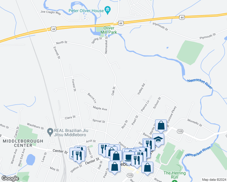 map of restaurants, bars, coffee shops, grocery stores, and more near 111 Oak Street in Middleborough